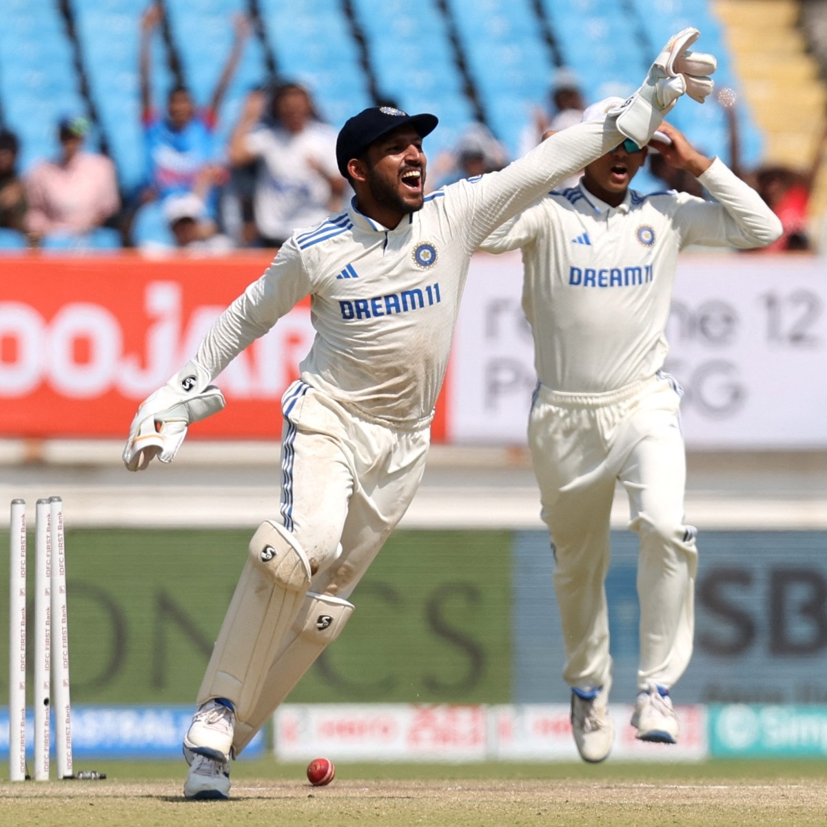 Dhruv Jurel in a contextual photograph: Contextual-only appeal photograph showing Jurel in a Test match, not tattoo evidence; not tattoo evidence