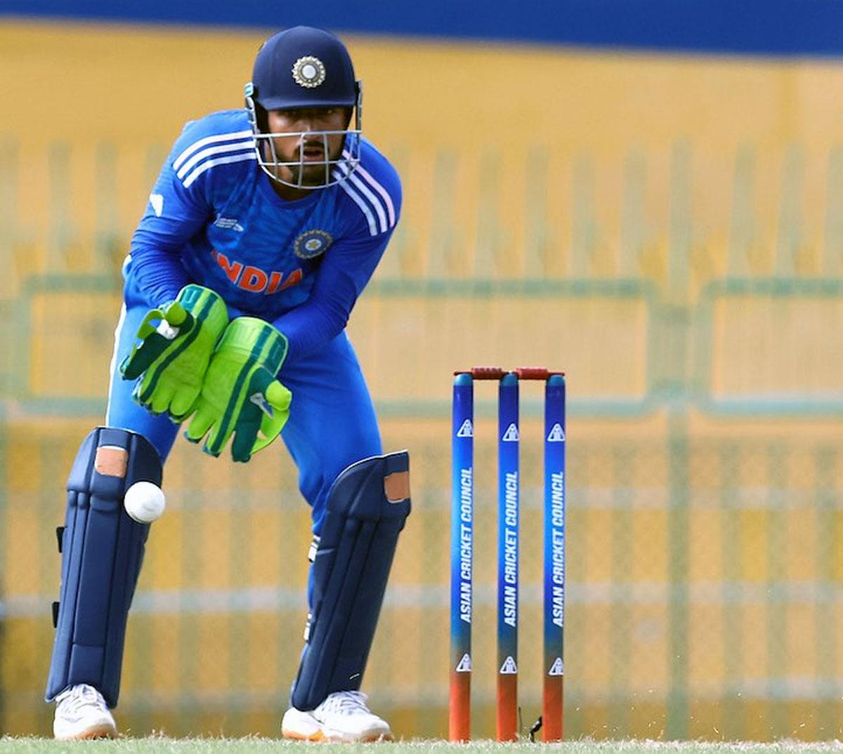 Dhruv Jurel in a contextual photograph: Contextual-only career photograph of Jurel wicketkeeping, not tattoo evidence; not tattoo evidence