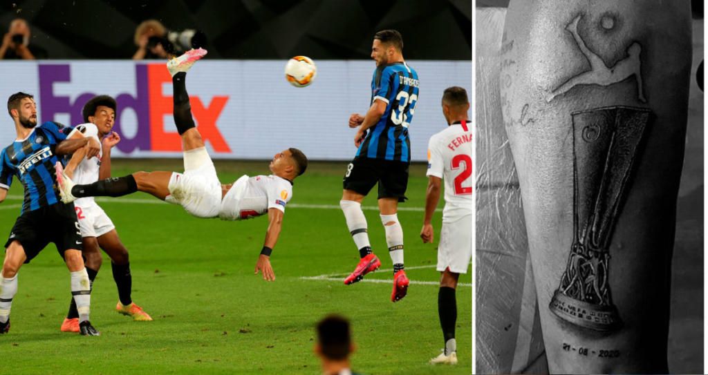 Diego Carlos tattoos: Composite photograph pairing the Europa League final action with the trophy and bicycle-kick calf tattoo