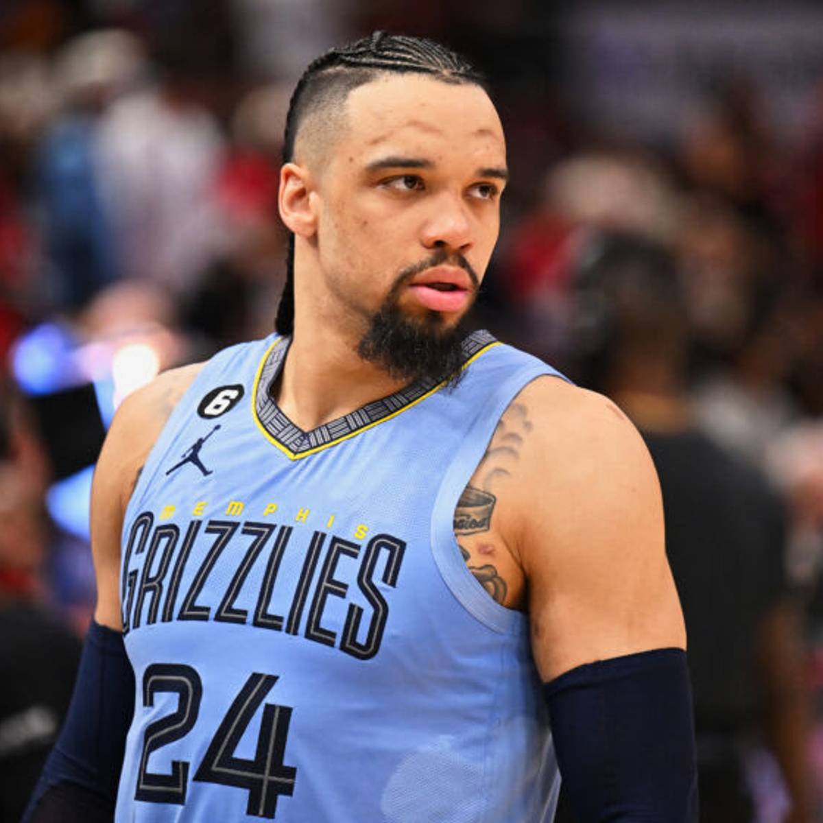 Dillon Brooks tattoos: Inline tattoo image showing the shoulder lettering in a different game context.