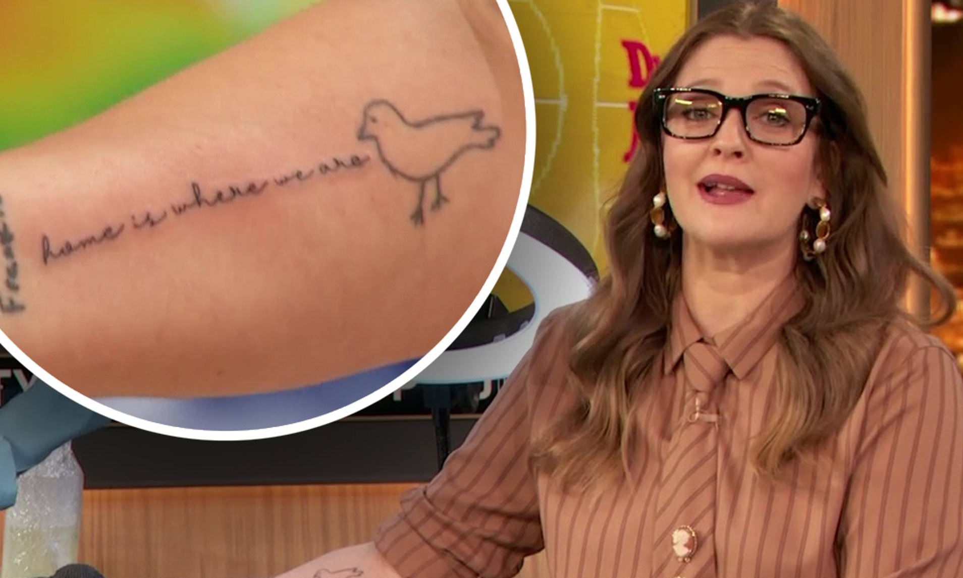 Drew Barrymore bird and words tattoo