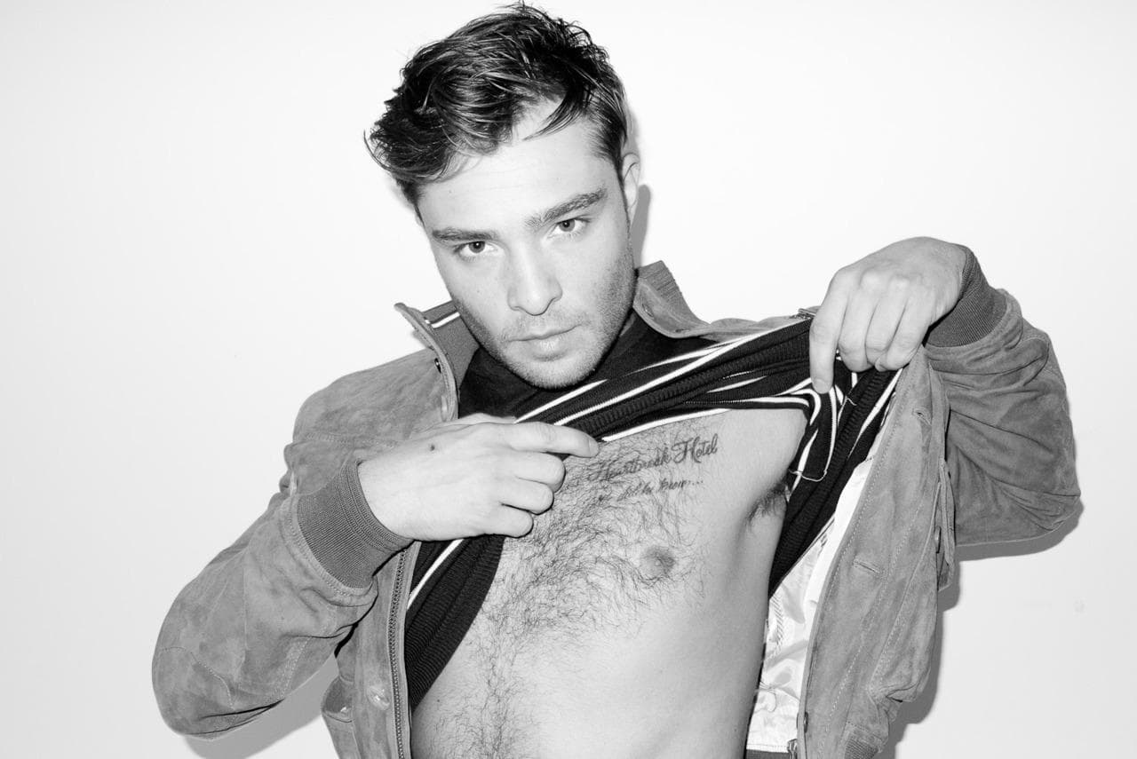 Ed Westwick tattoos: Heartbreak Hotel chest lettering