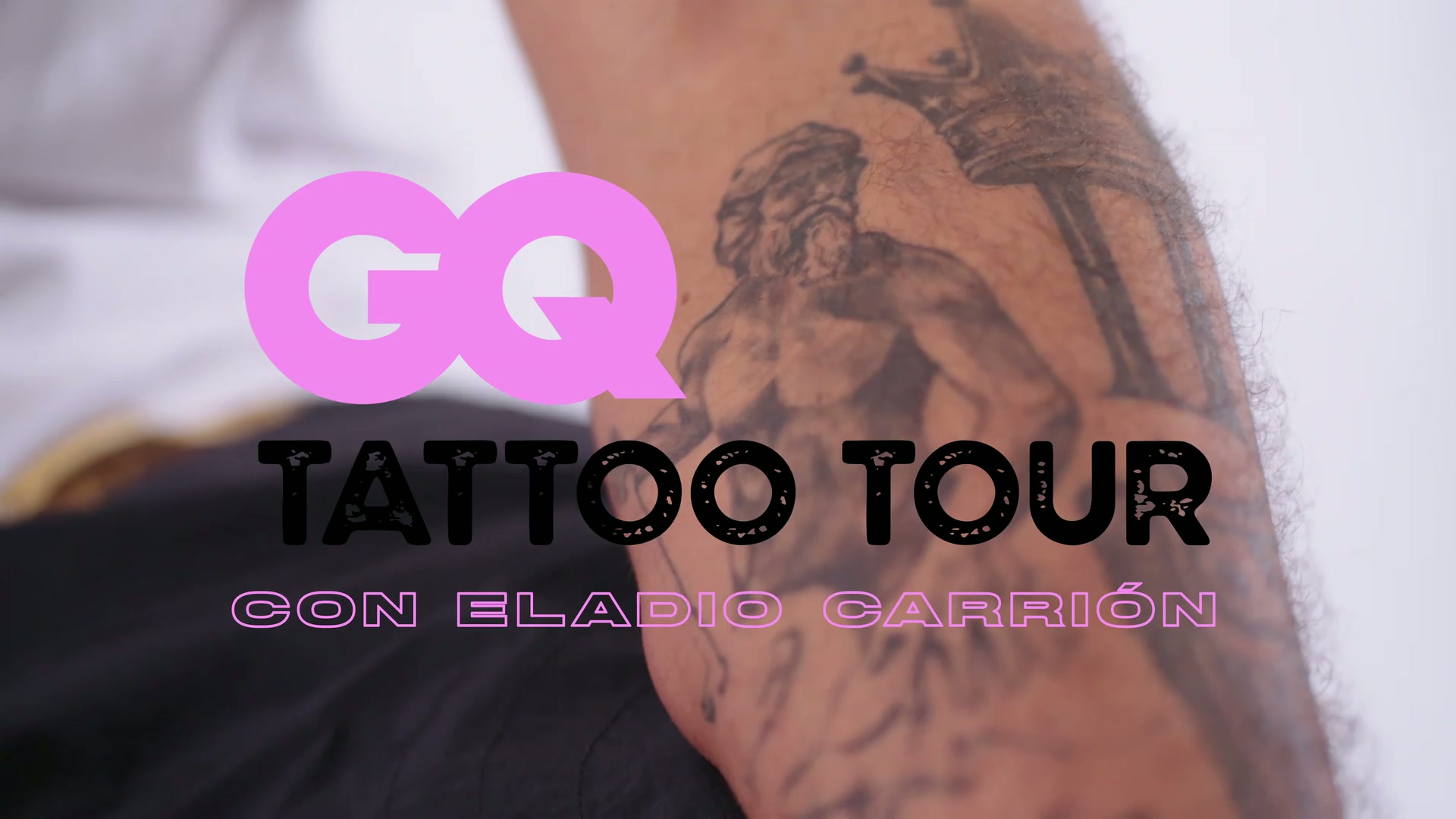 Eladio Carrión tattoos: Poseidon and shaded upper-arm tattoo close view