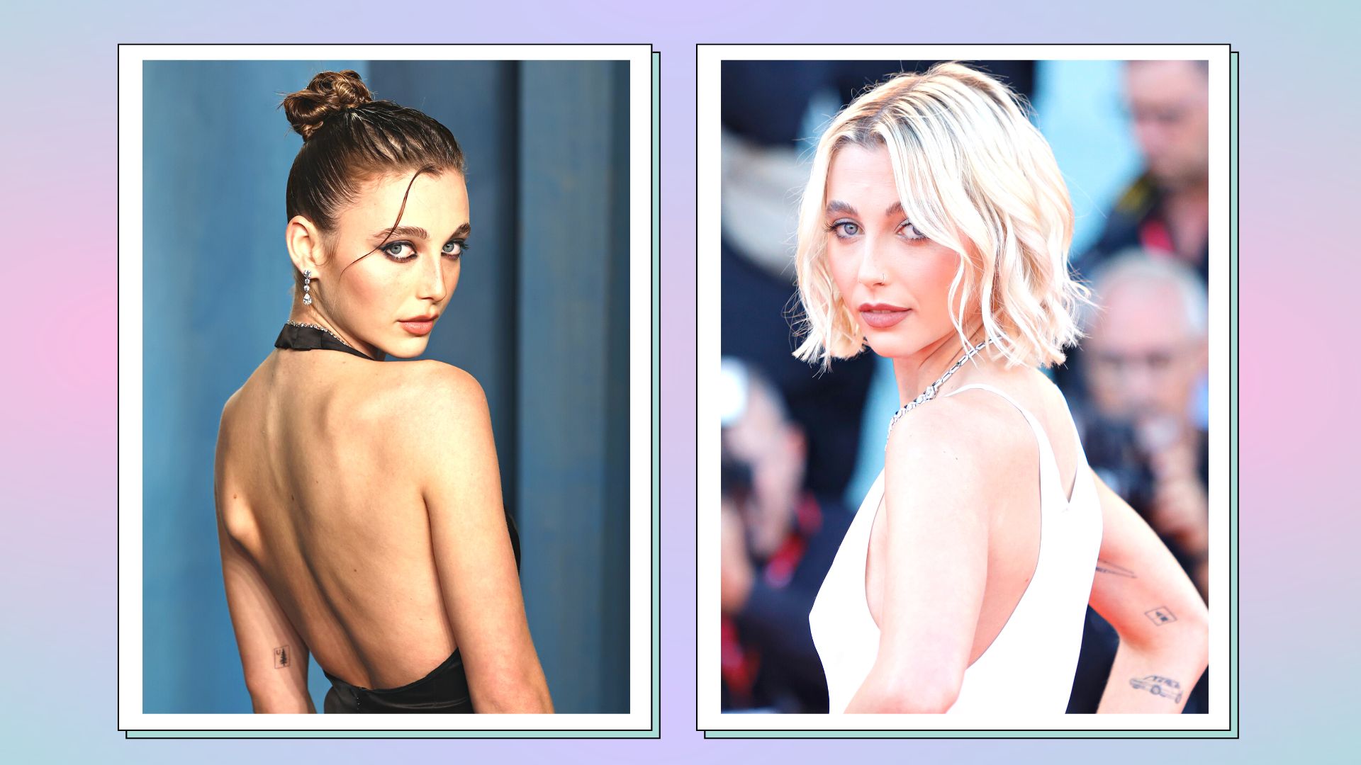 Emma Chamberlain tattoos: Two-photo red-carpet collage showing Emma and visible arm tattoos