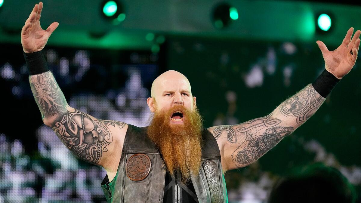 Erick Rowan tattoos: Right inner bicep shaded figure-like scene inside sweeping ornament