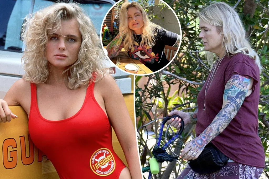 Erika Eleniak tattoos: Collage showing an earlier Baywatch-era image beside a later tattooed-arm view