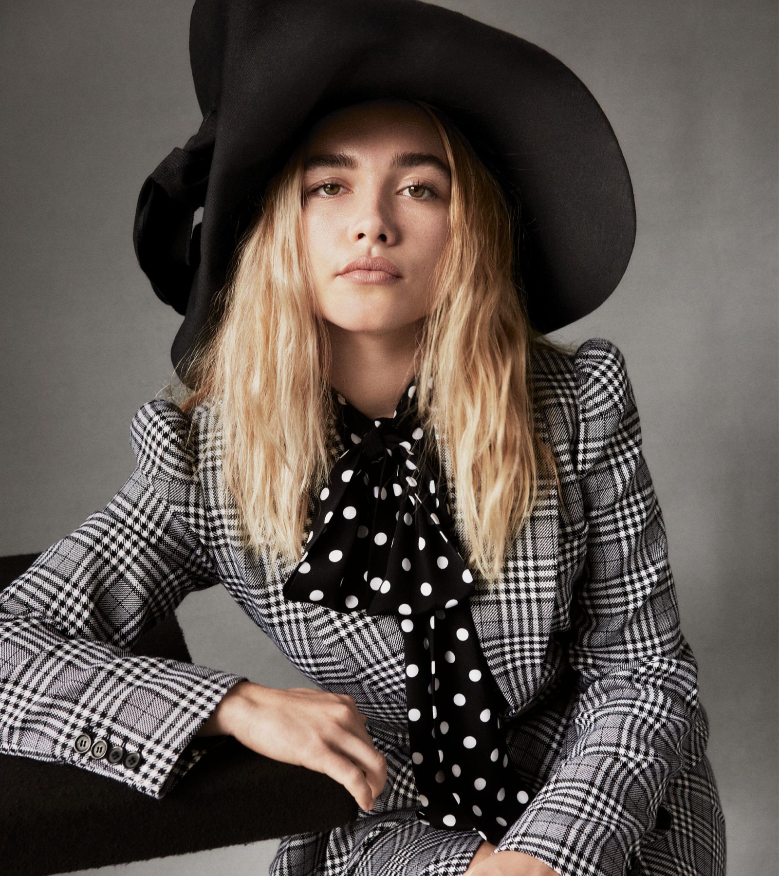 Florence Pugh in a contextual photograph: film-era contextual portrait, not tattoo evidence; not tattoo evidence