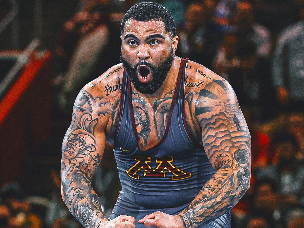 Gable Steveson combat-sports portrait tattoos Gable Steveson tattoos: Fox Sports photograph showing face-visible portrait work and script across both arms.