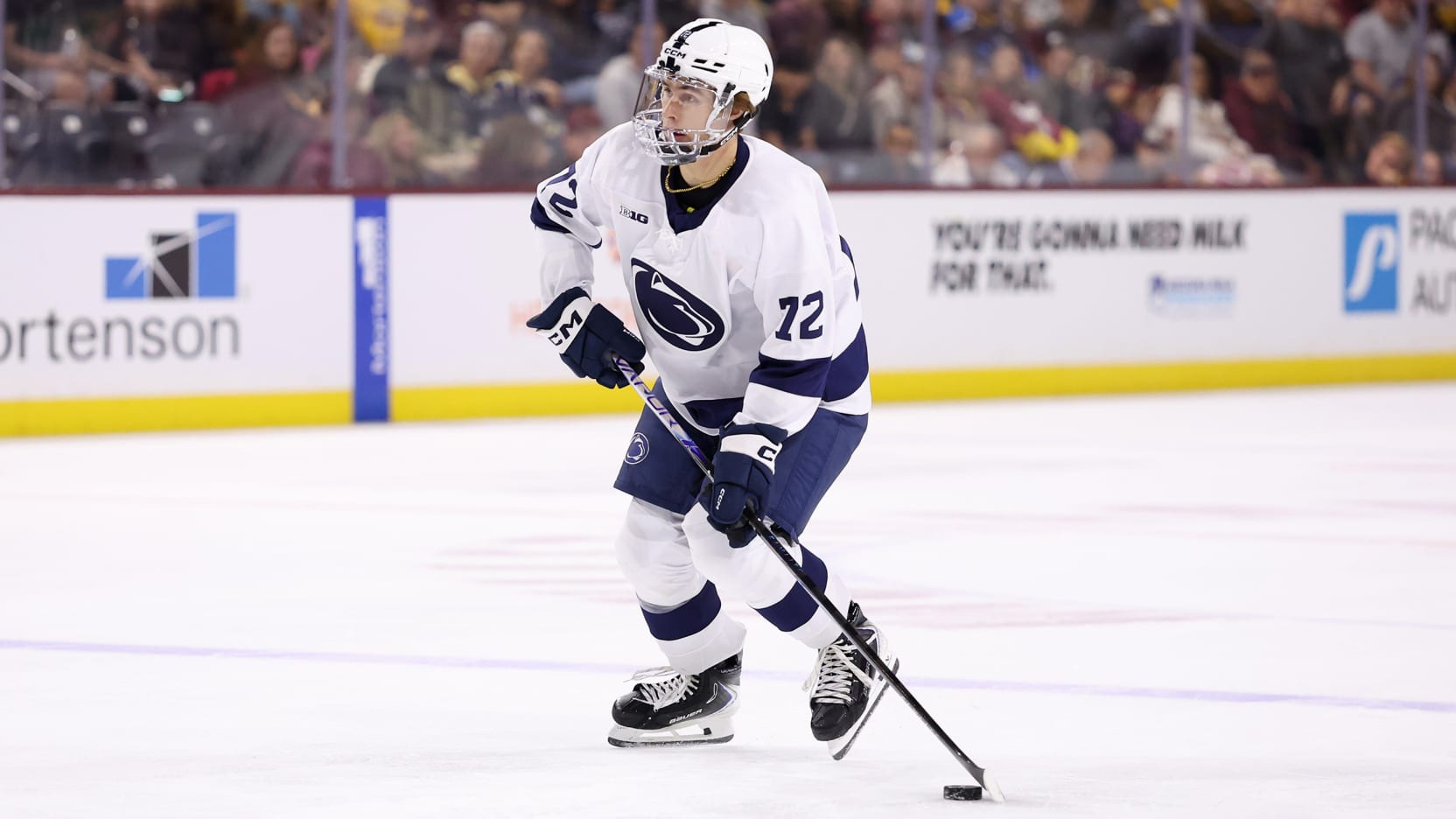 Gavin McKenna in a contextual photograph: Contextual Penn State hockey photograph; not tattoo evidence.; not tattoo evidence