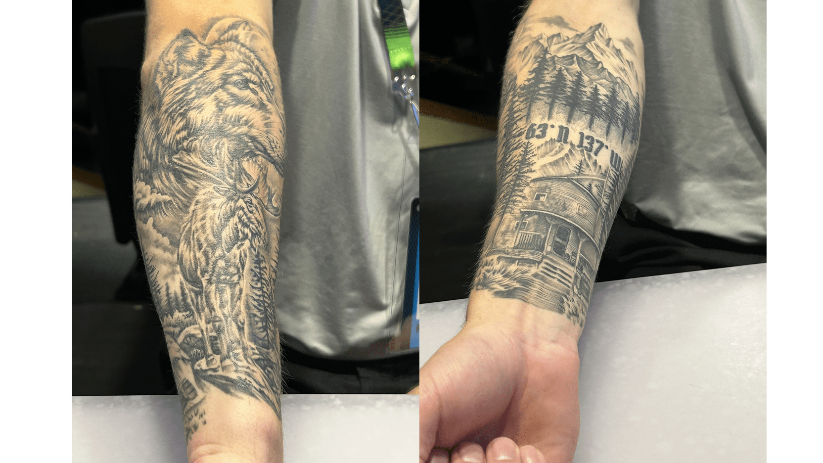 Gavin McKenna tattoos: Genuine NHL tattoo photograph showing the black-and-grey forearm scene.