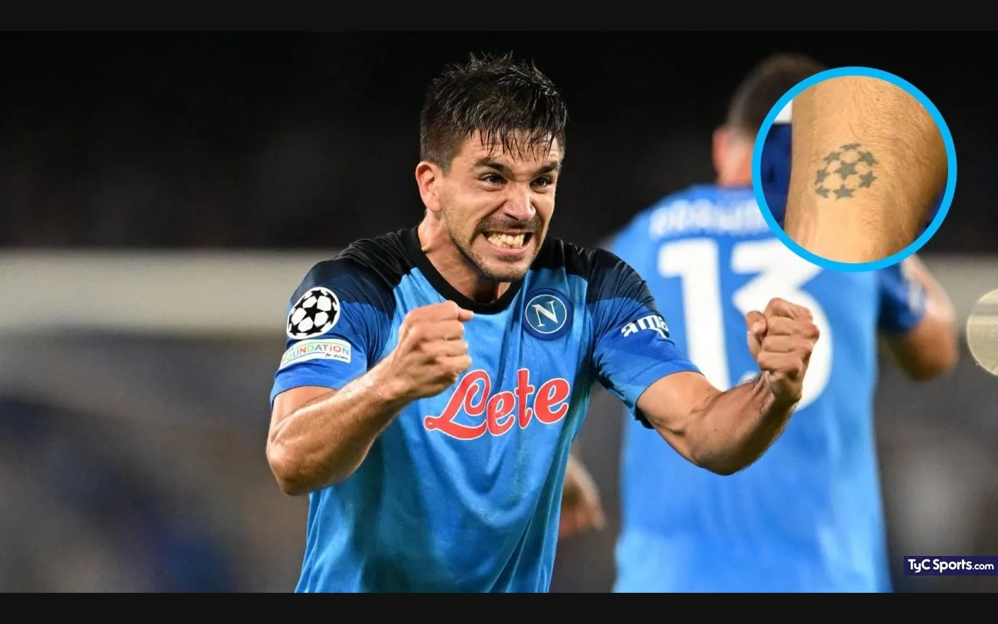 Giovanni Simeone tattoos: Champions League tattoo in Simeone's Napoli celebration
