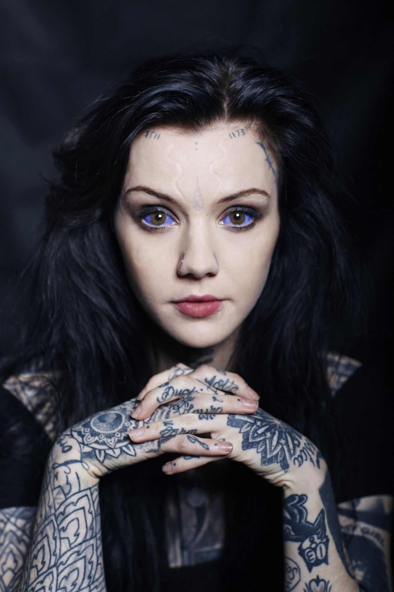 Grace Neutral tattoos: Face, hand and forearm tattoo details