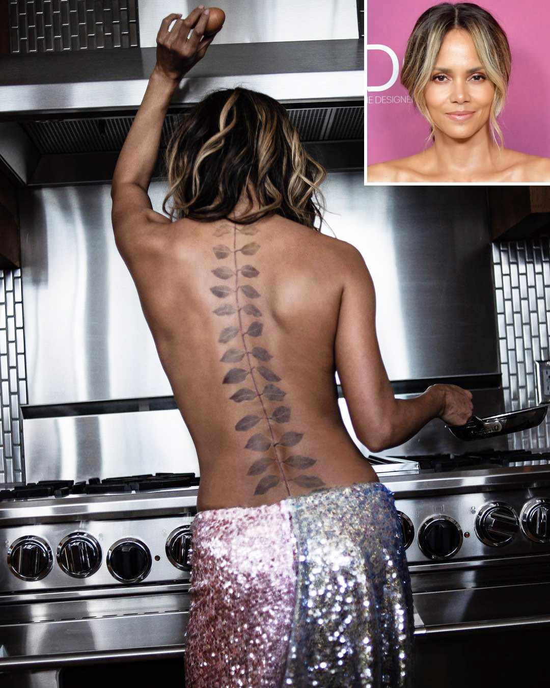 Halle Berry temporary vine back tattoo