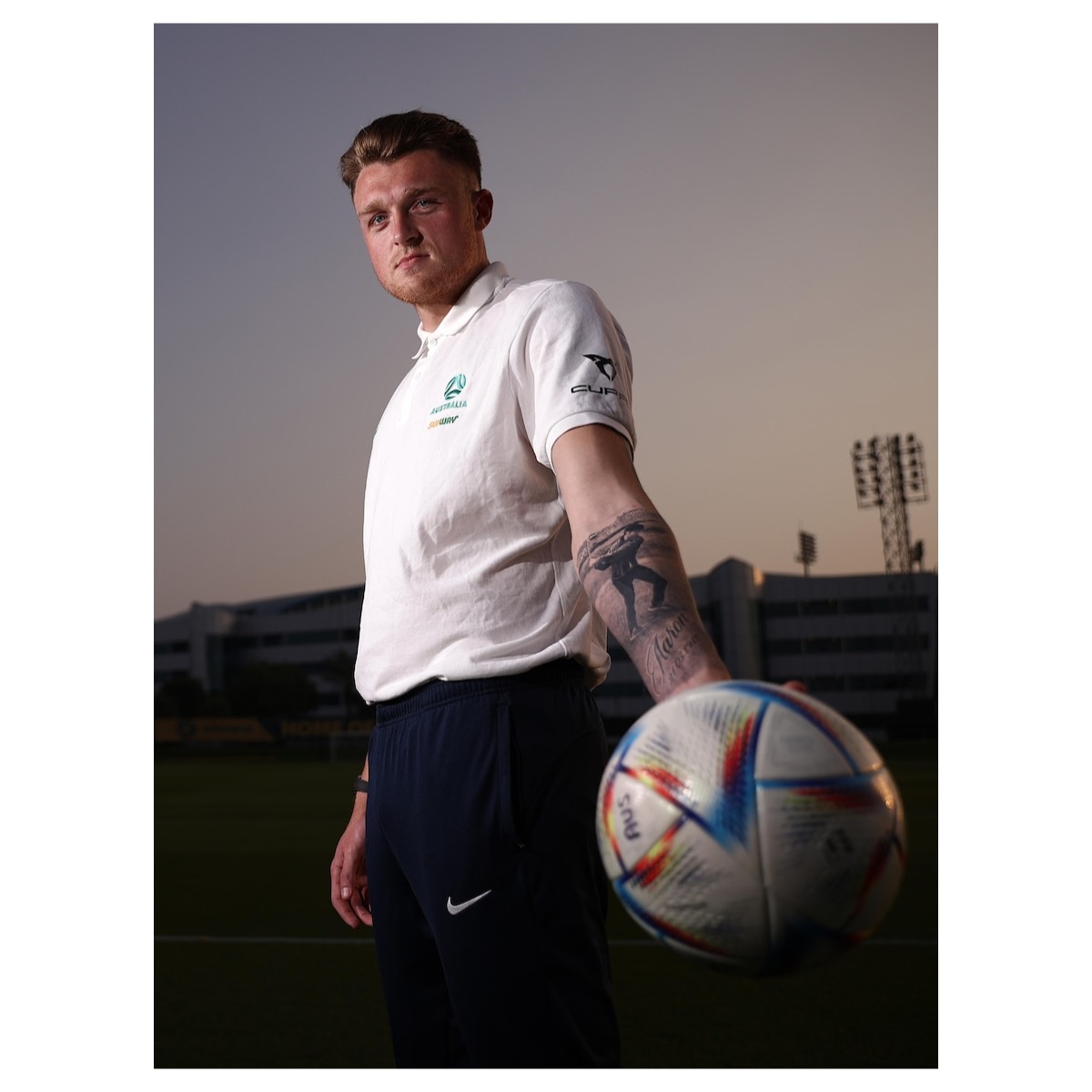 Harry Souttar tattoos: Face-visible portrait with Souttar's memorial forearm tattoo