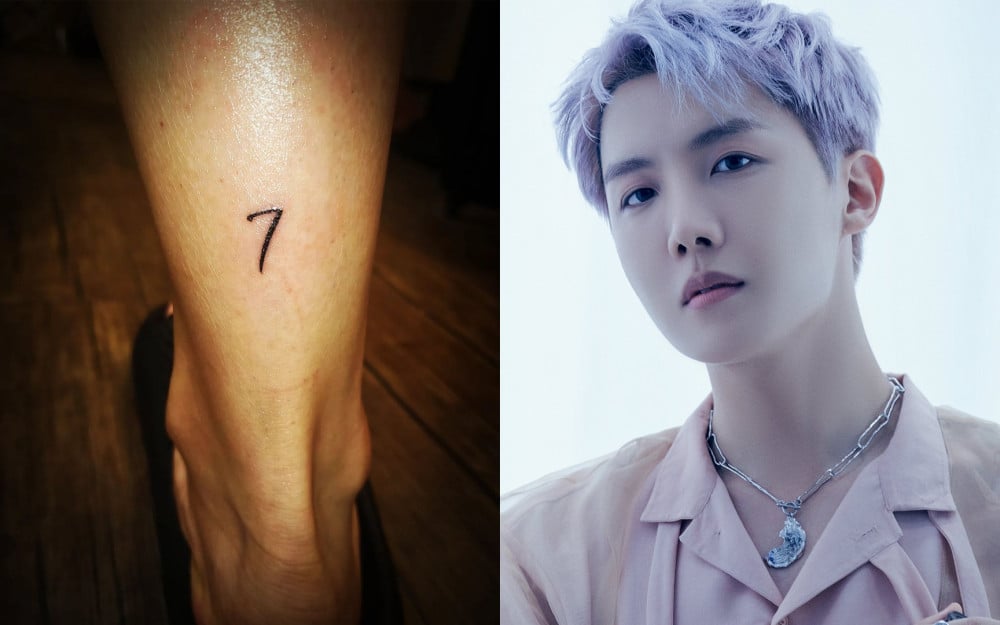 J-Hope tattoos: small black 7 friendship tattoo above the ankle