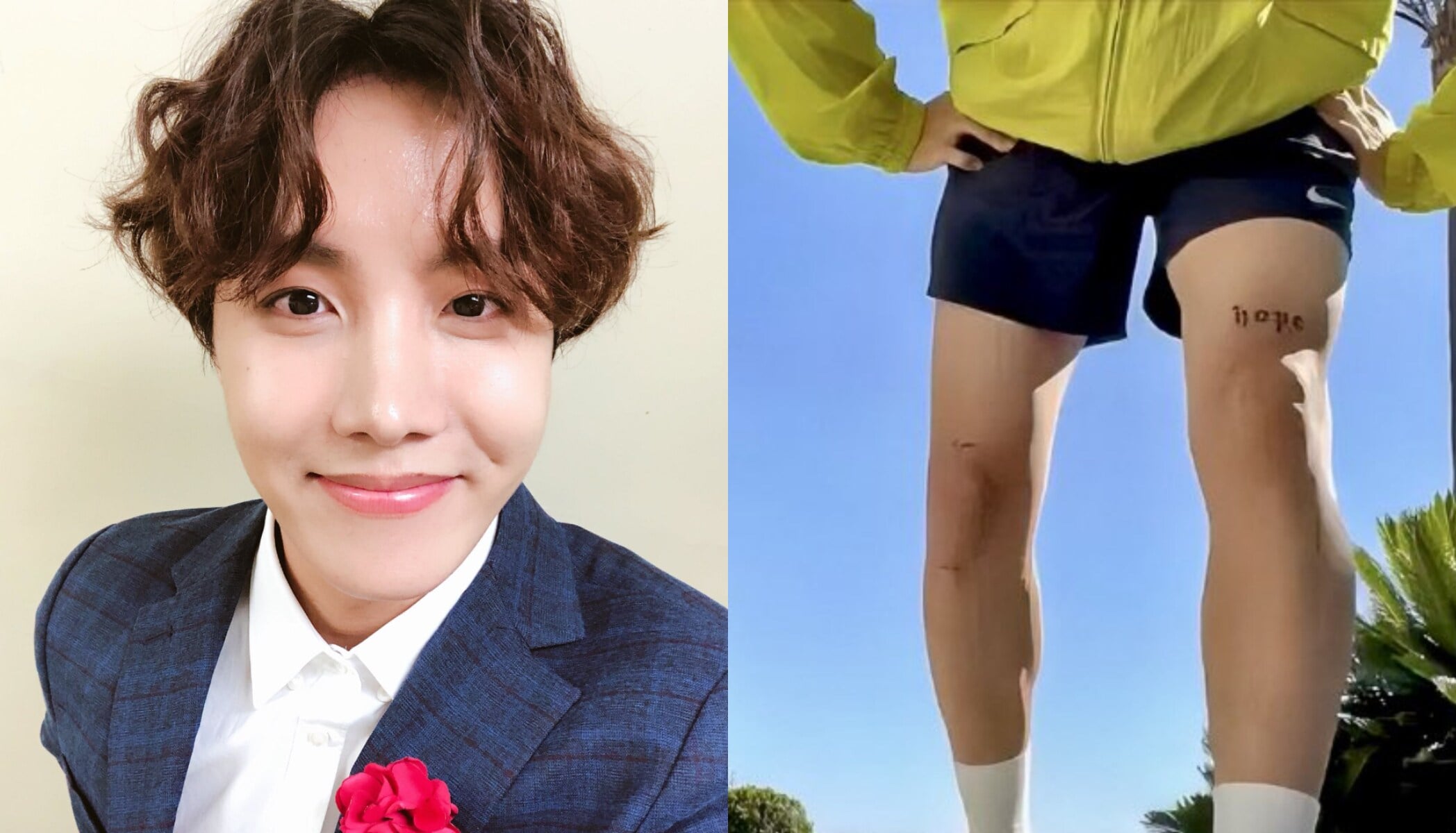 J-Hope tattoos: three leg tattoos reading I'm your, HOPE, and you're my