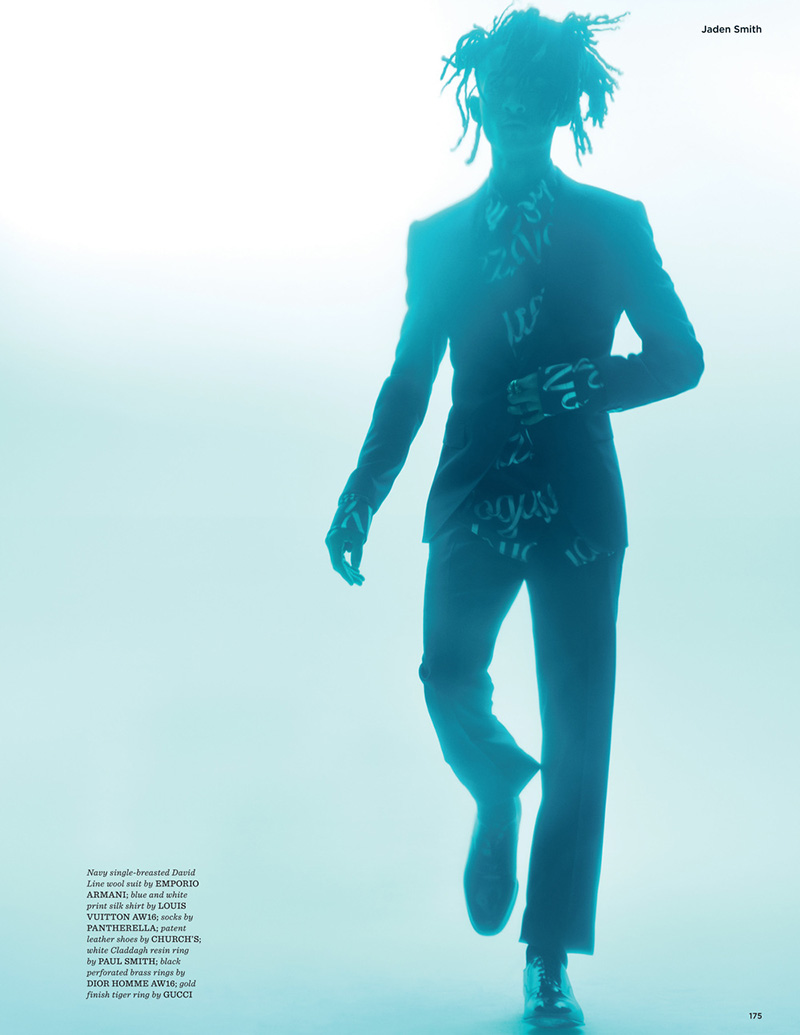 Jaden Smith in a contextual photograph: blue-toned GQ Style editorial silhouette and visual context; contextual only, not tattoo evidence; not tattoo evidence