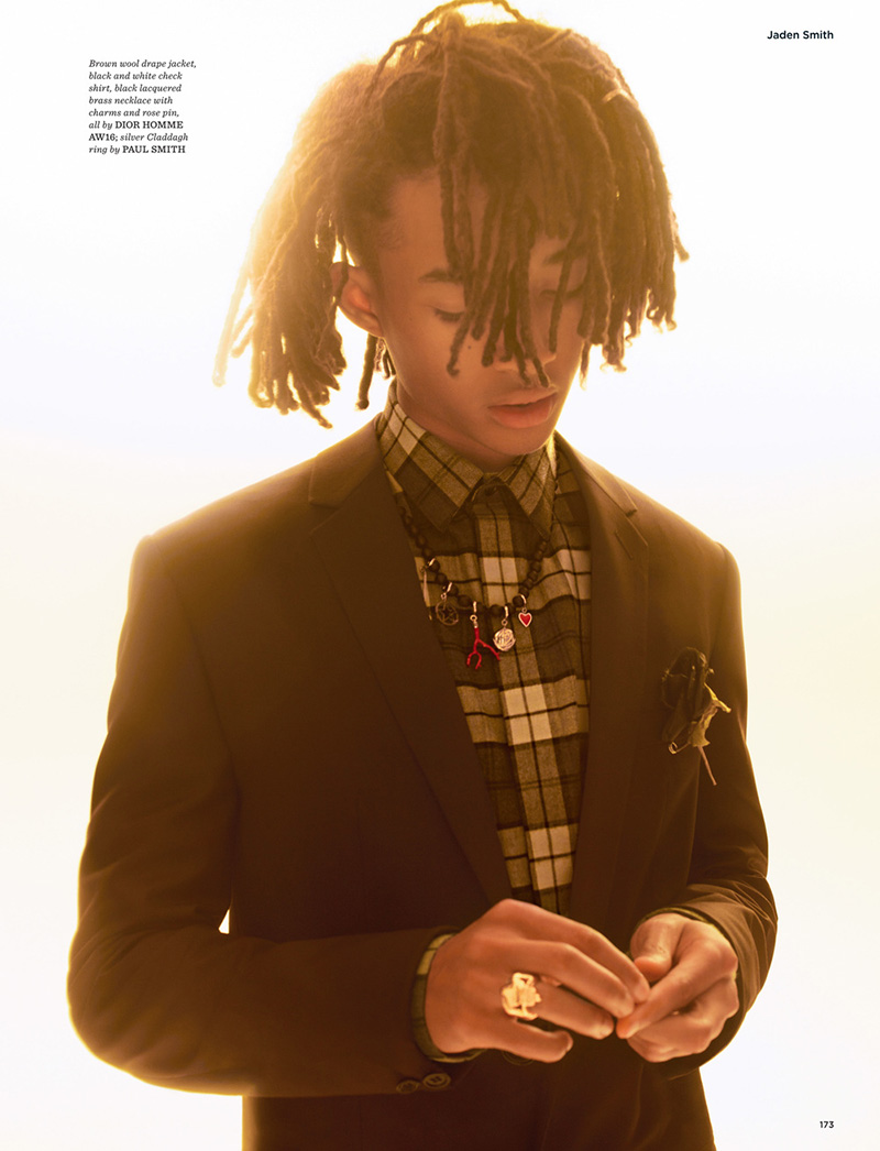 Jaden Smith in a contextual photograph: warm GQ Style editorial portrait and clothing context; contextual only, not tattoo evidence; not tattoo evidence