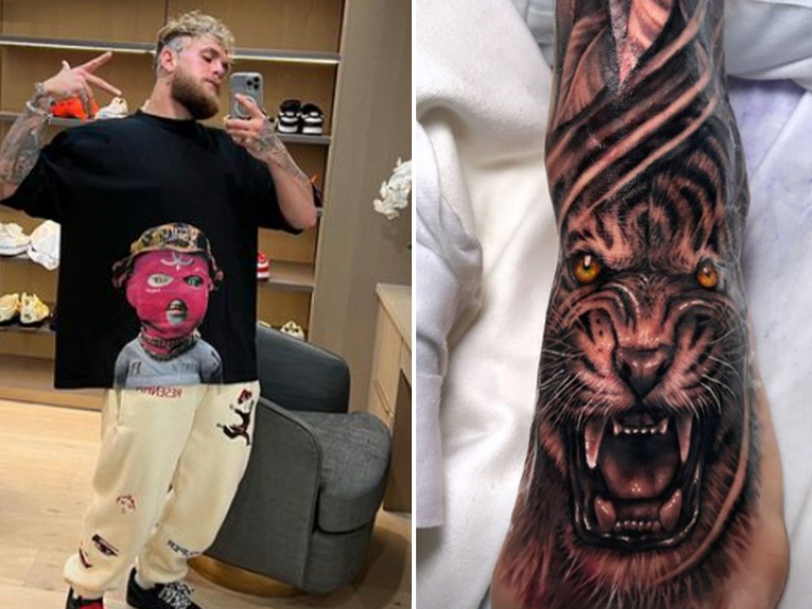 Jake Paul tattoos: Tiger foot tattoo, controlled colour and long placement flow