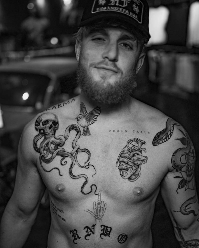 Jake Paul tattoos: Torso tattoos, lettering, skull and tentacle movement