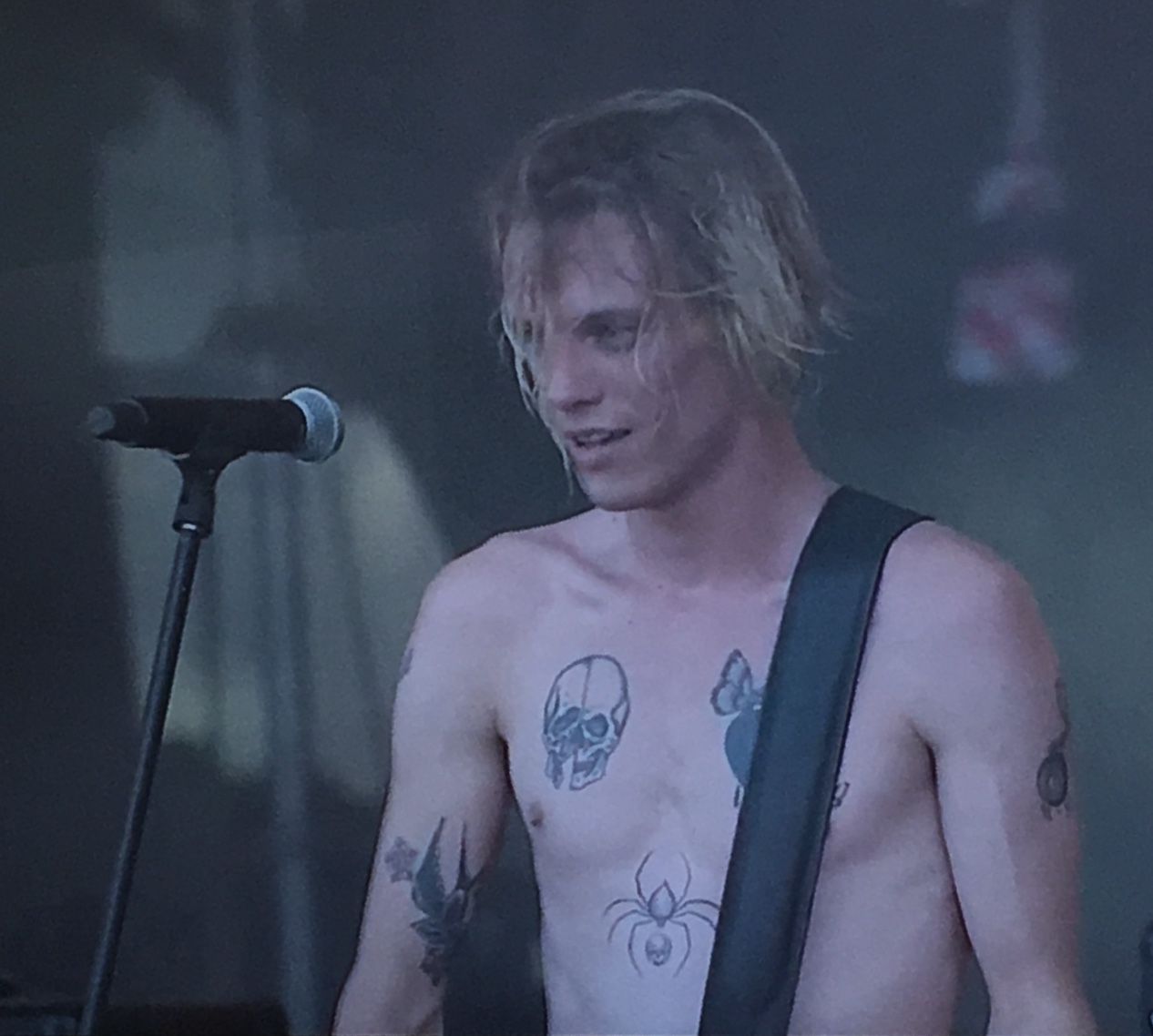The visible chest and arm tattoos in performance Jamie Campbell Bower tattoos: The visible chest and arm tattoos in performance