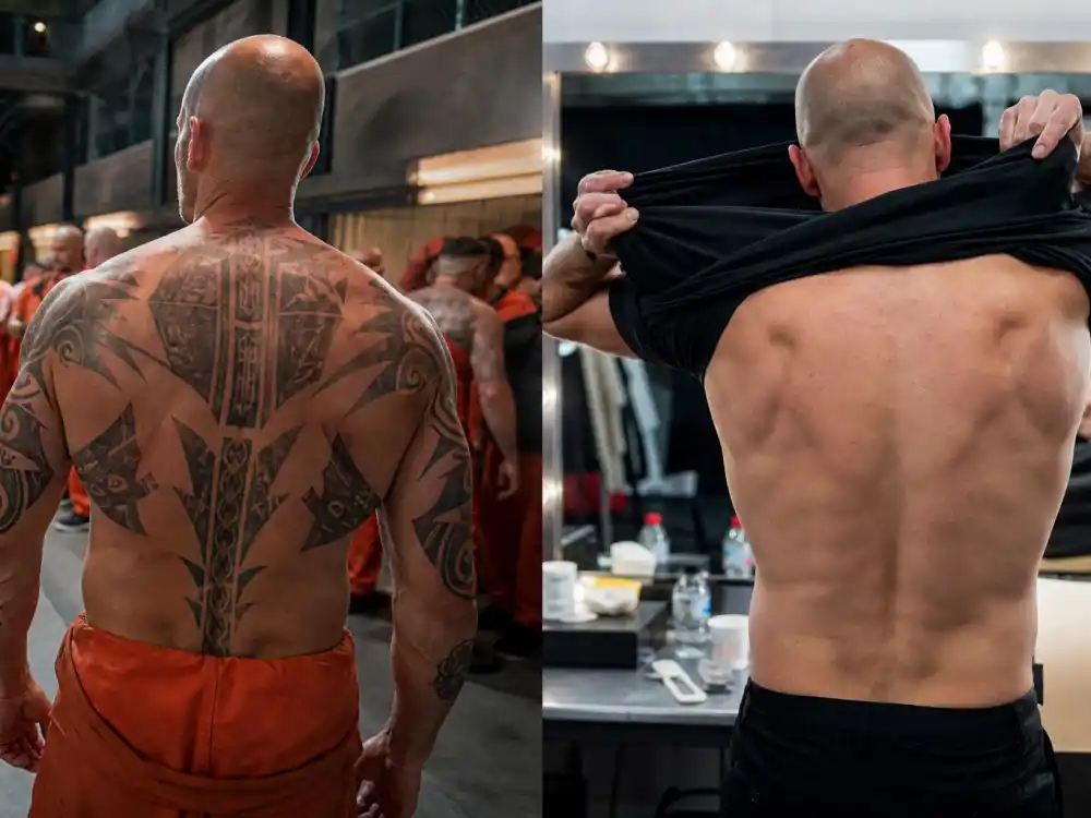 Jason Statham tattoos: side-by-side film tattoo design and clean-skin comparison on the back