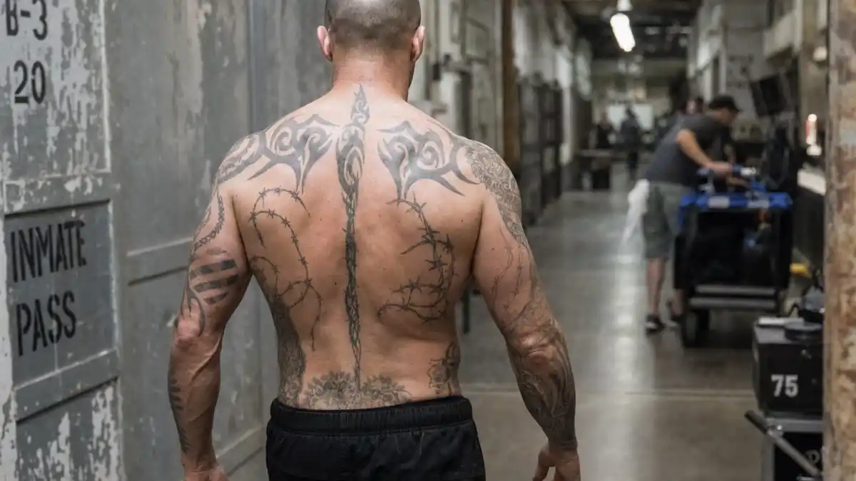 Jason Statham tattoos: wide view of the tribal back and arm makeup on the Death Race set
