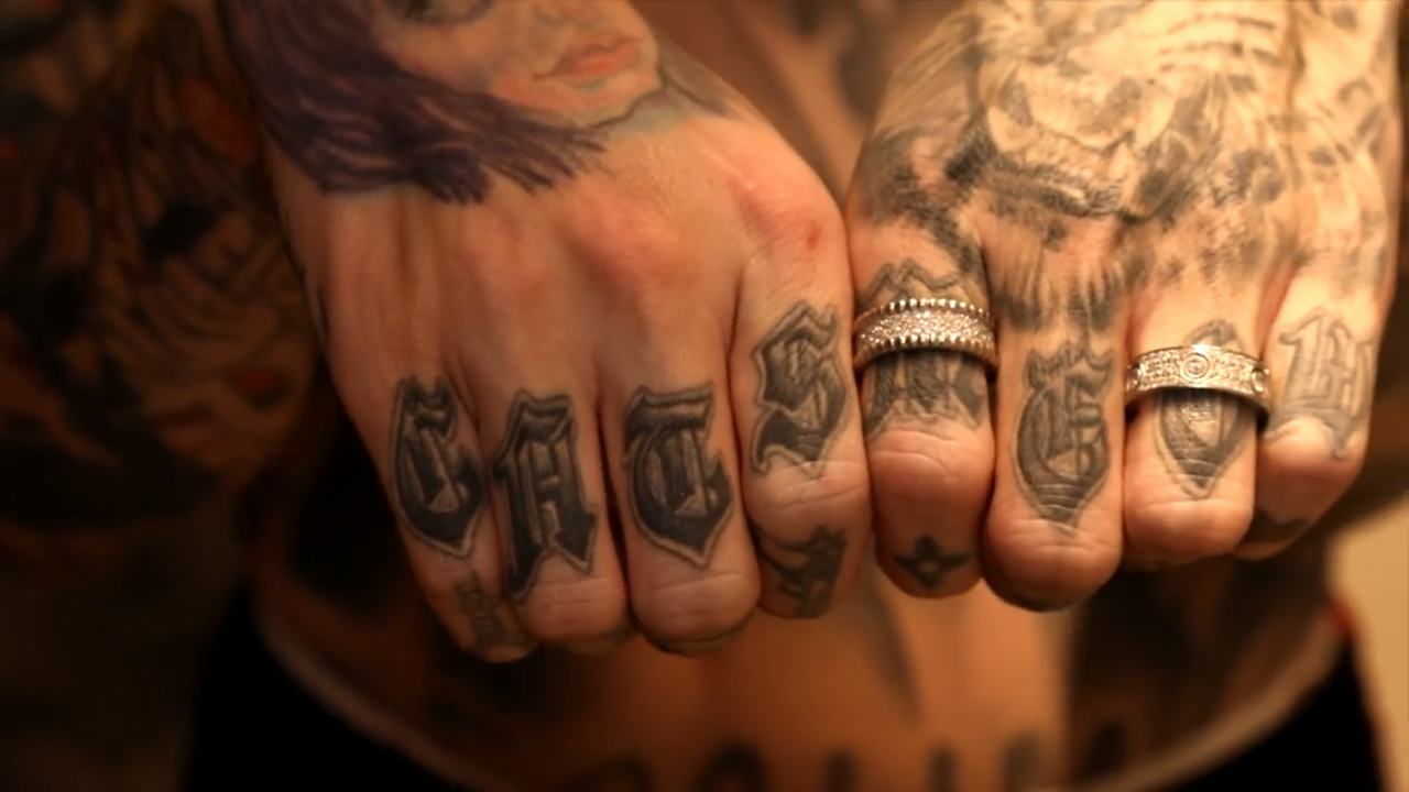 Jeffree Star gothic knuckle tattoos close-up