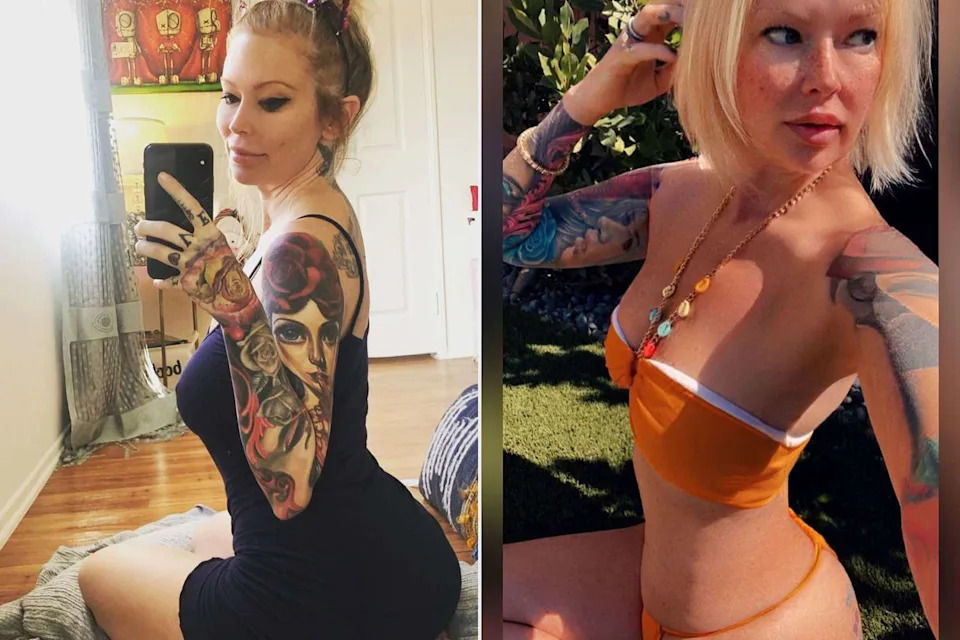Jenna Jameson tattoos: colorful arm, shoulder and hand tattoo details in natural light