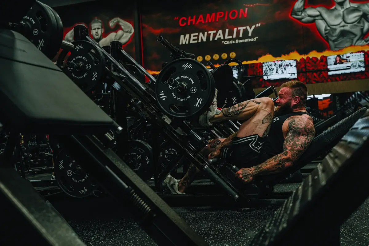 Jordan Shallow tattoos: Inked gym portrait showing the tattooed right leg and lower-body coverage associated with Shallow’s fighting-tiger history