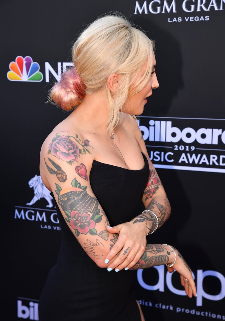 Julia Michaels pink rose shoulder tattoo