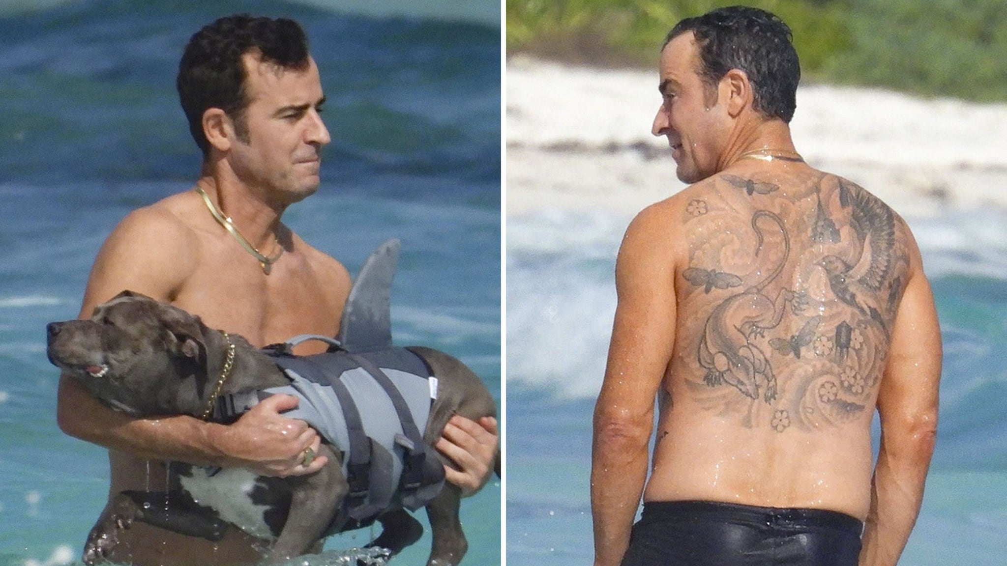 Justin Theroux tattoos: Distinct high-resolution TMZ photograph/composite showing a rear view of the same back tattoo in a different setting and composition.