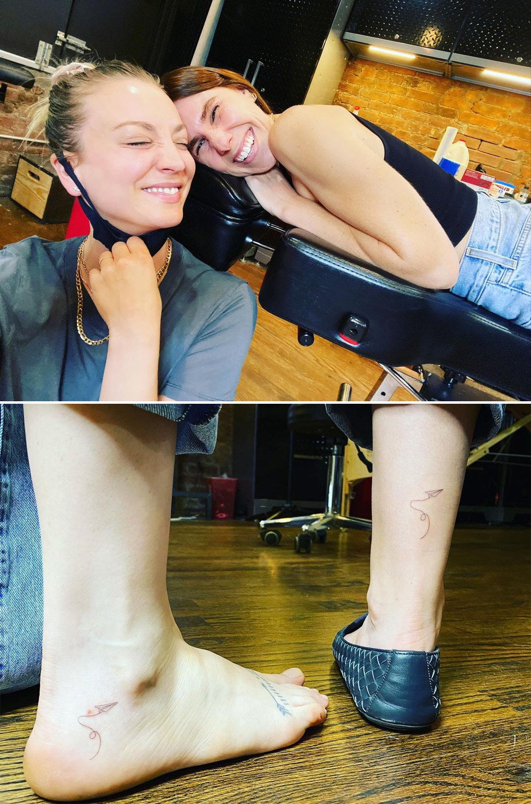 Kaley Cuoco tattoos: Genuine social photograph and close tattoo detail showing the fine-line paper airplane on Cuoco's ankle.