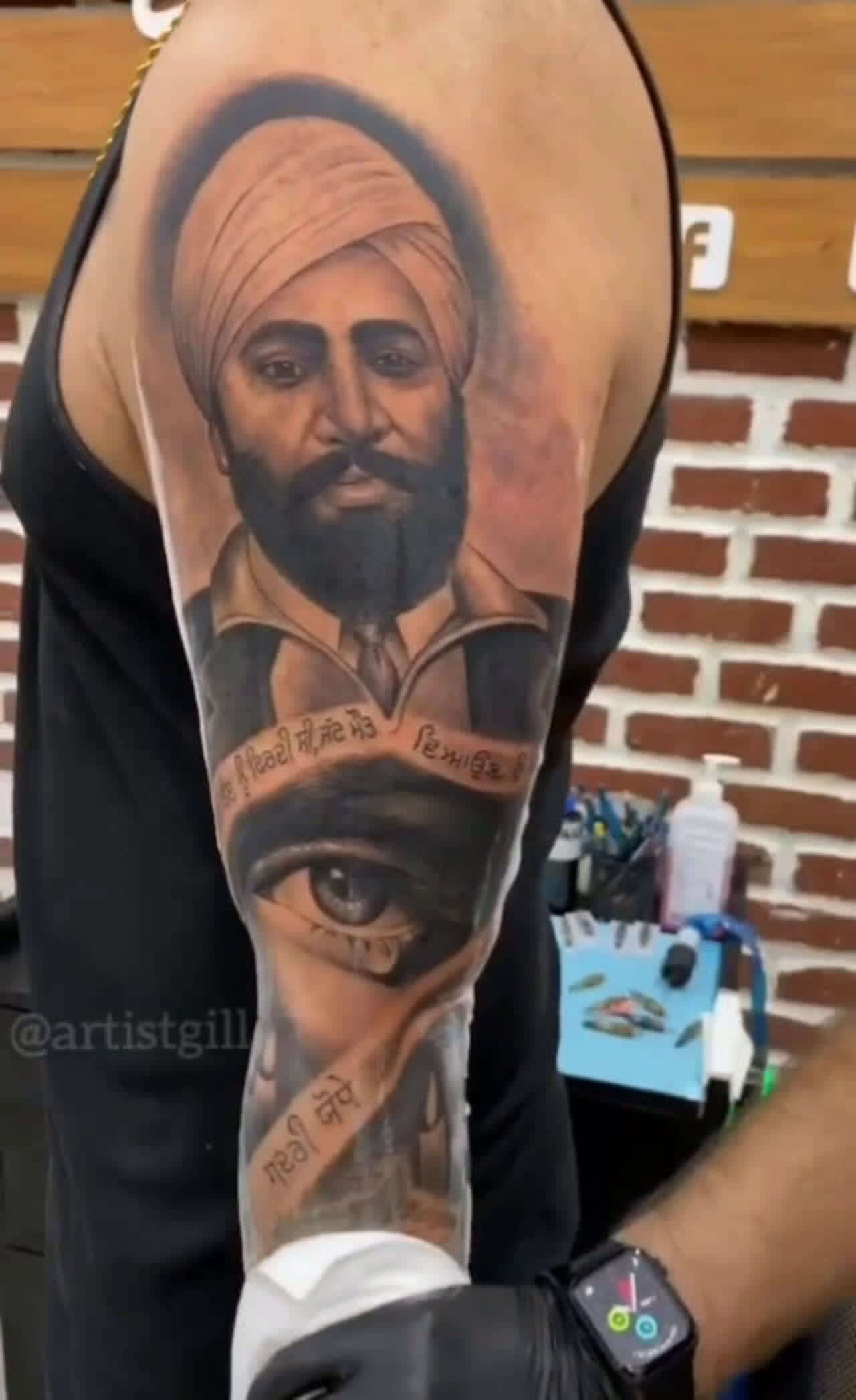 Karan Aujla tattoos: Memorial sleeve close view