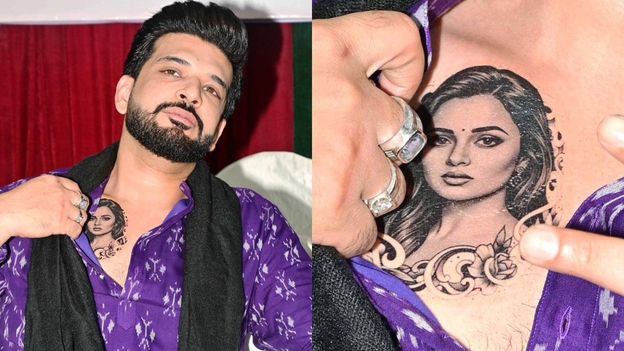 Karan Kundrra tattoos: Genuine tattoo photograph showing both the wider placement and a closer crop of the portrait.