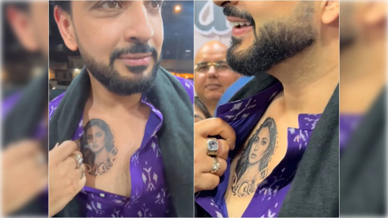 Karan Kundrra tattoos: Genuine tattoo photograph with two closer event views of the portrait.