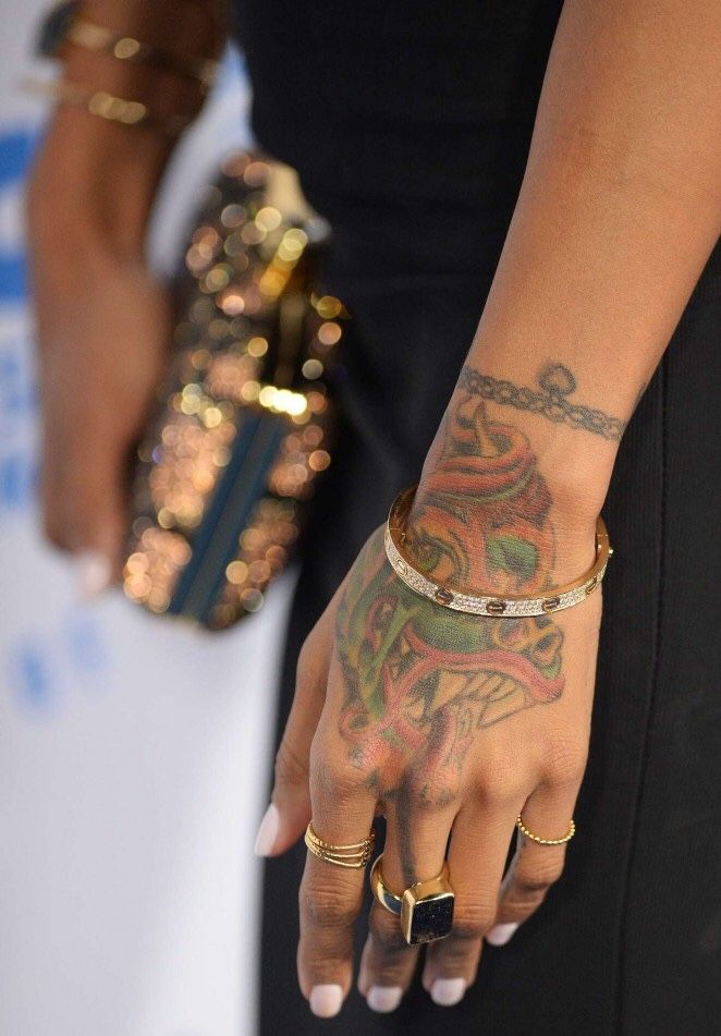 Karrueche Tran tattoos: Colorful Chinese dragon hand tattoo close-up