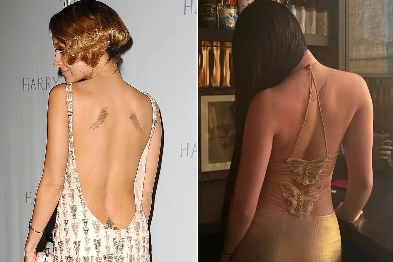Kate Madden tattoos: Kate Madden fine-line angel-wings upper-back tattoo reference