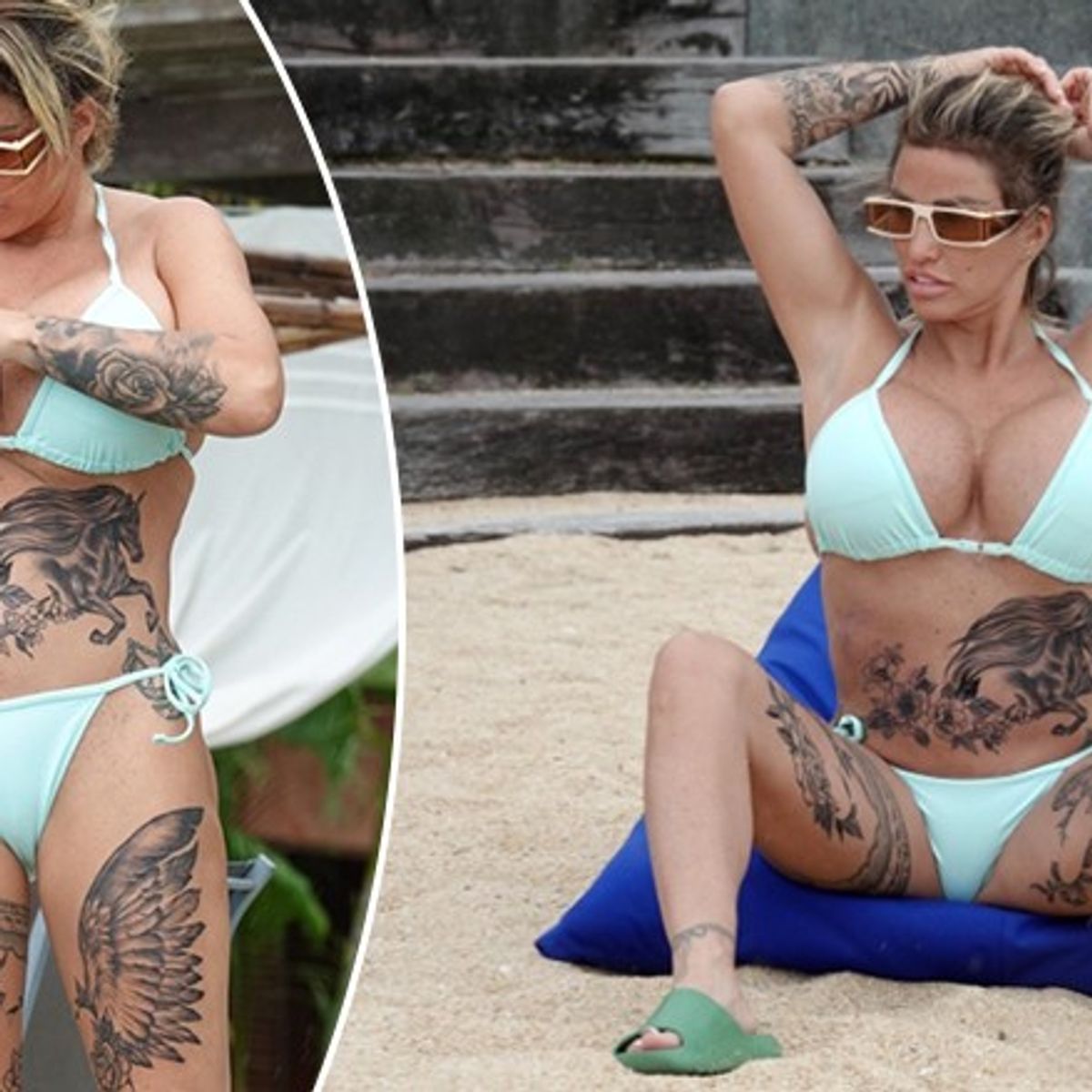 Katie Price tattoos: horse, flowers, and feathered thigh tattoo composition