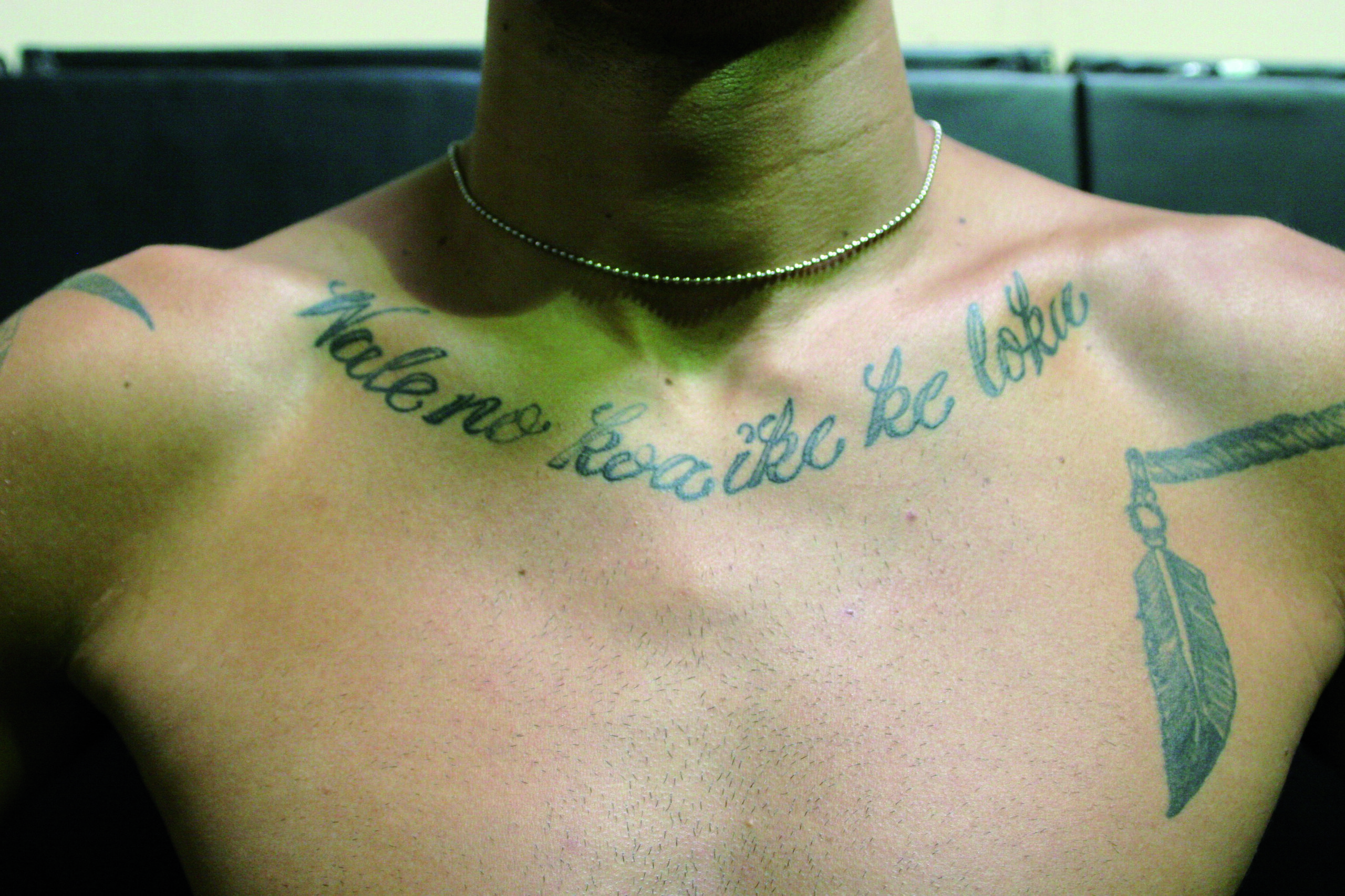 Kendall Grove: Hawaiian chest lettering Kendall Grove tattoos: Hawaiian chest lettering
