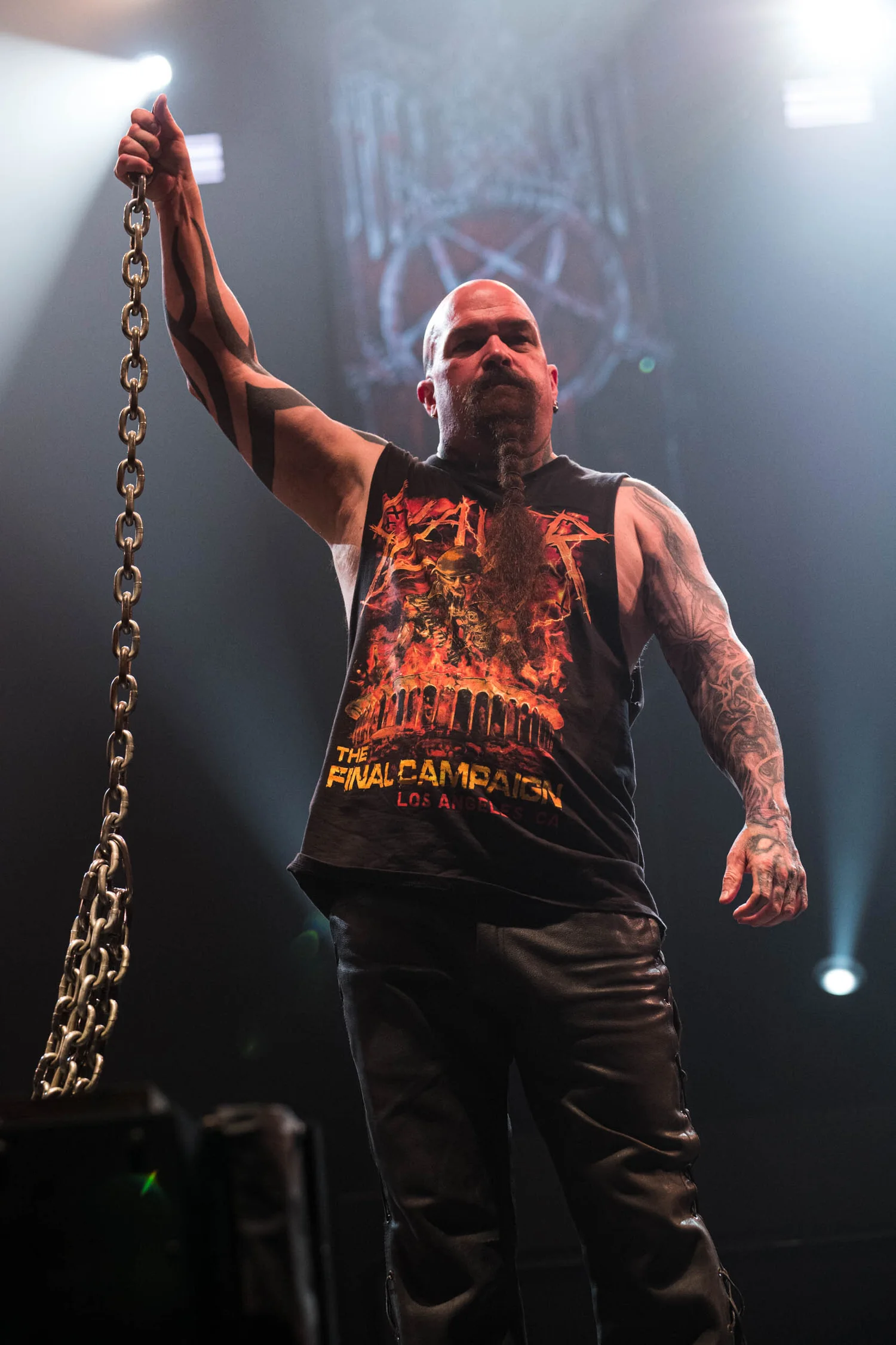Kerry King arm tattoos on stage