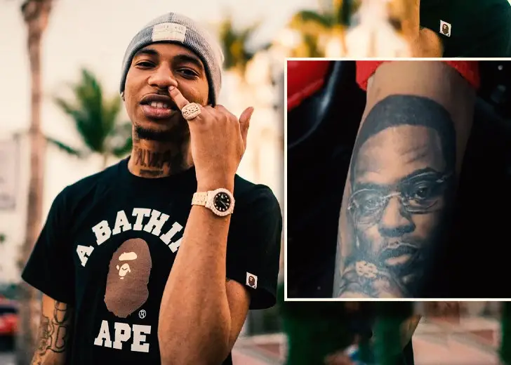 Key Glock tattoos: Young Dolph portrait tattoo on his forearm
