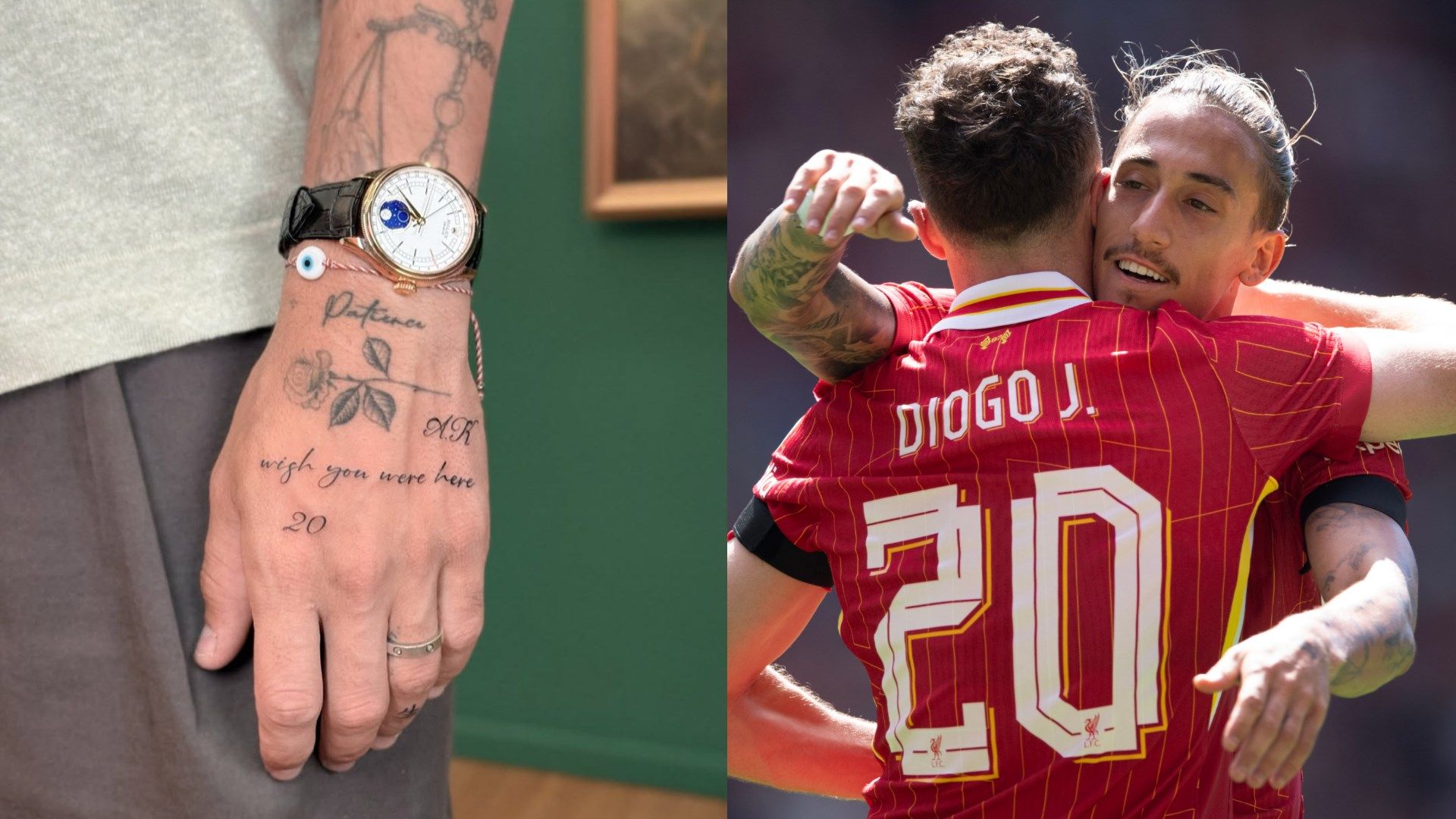 Konstantinos Tsimikas close public view of the hand tribute lettering and number 20 Konstantinos Tsimikas tattoos: close public view of the hand tribute lettering and number 20
