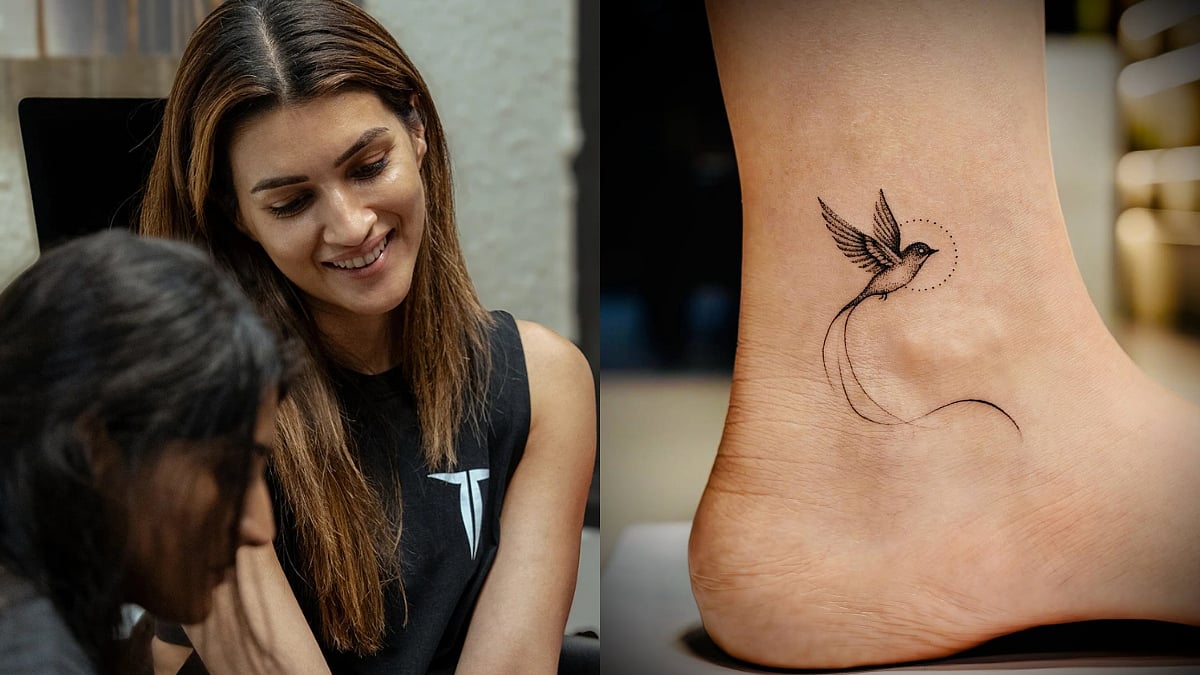 Kriti Sanon Close-up evidence of the fine-line bird, dotted sun, and curved tail on the inner ankle. Kriti Sanon tattoos: Close-up evidence of the fine-line bird, dotted sun, and curved tail on the inner ankle.