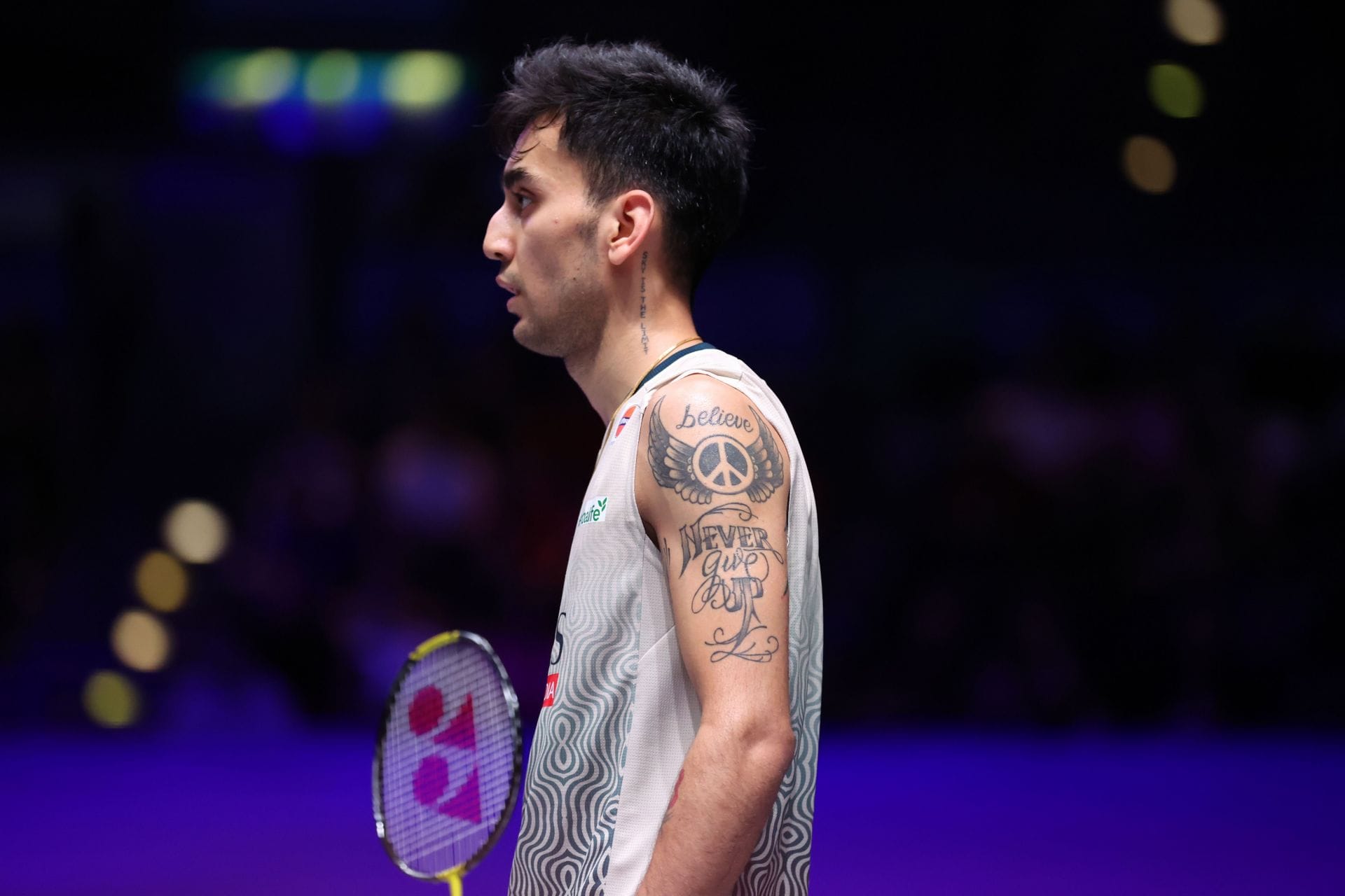 Lakshya Sen published upper-arm and neck tattoo photograph Lakshya Sen tattoos: published upper-arm and neck tattoo photograph