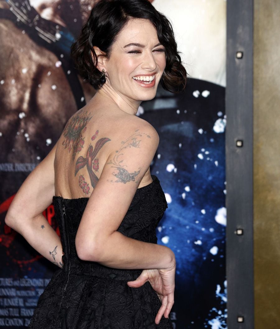 Lena Headey back lotus and bird tattoos