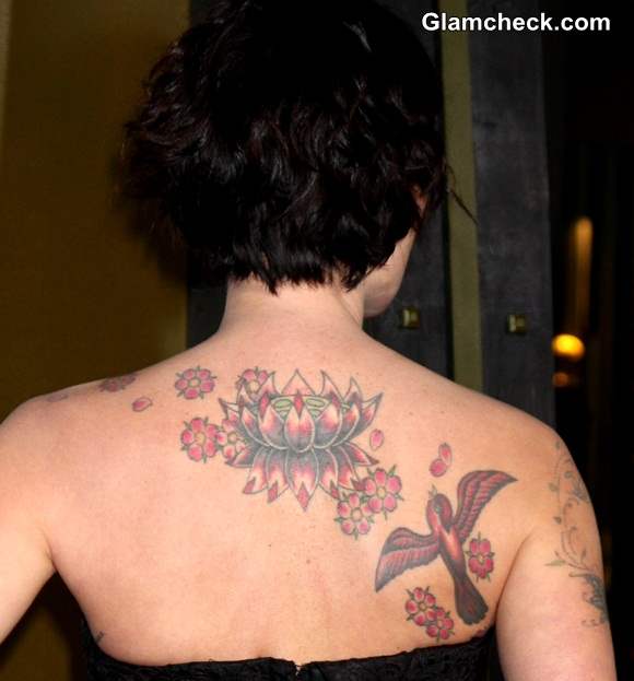 Lena Headey lotus and flower back tattoos