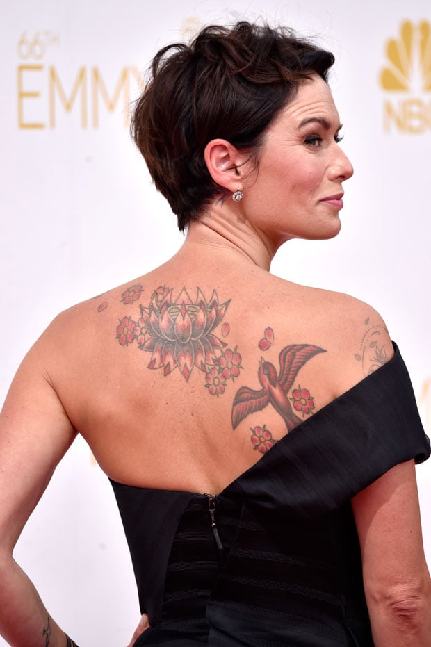 Lena Headey lotus and bird back tattoos