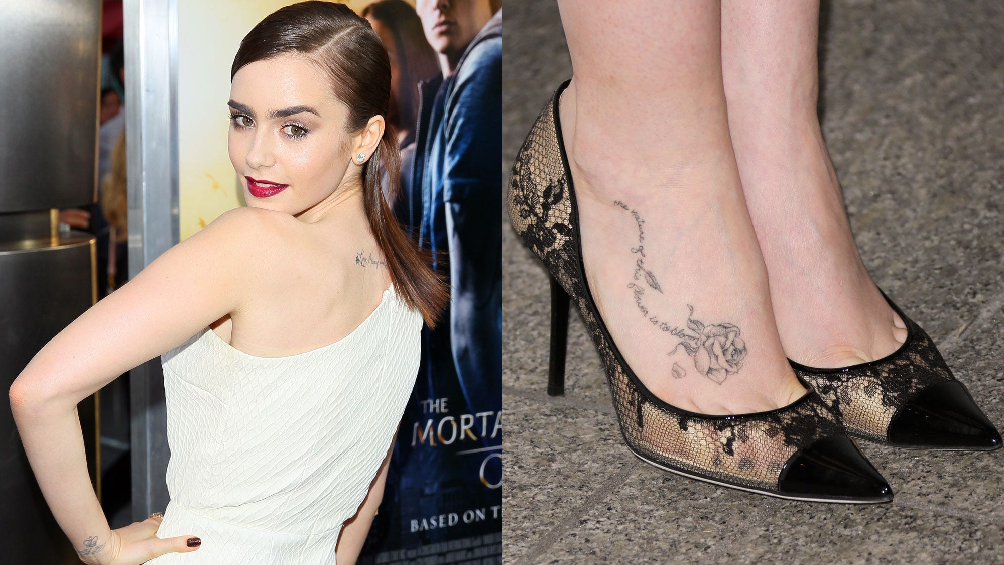 Lily Collins tattoos: rose and quote tattoo on the foot