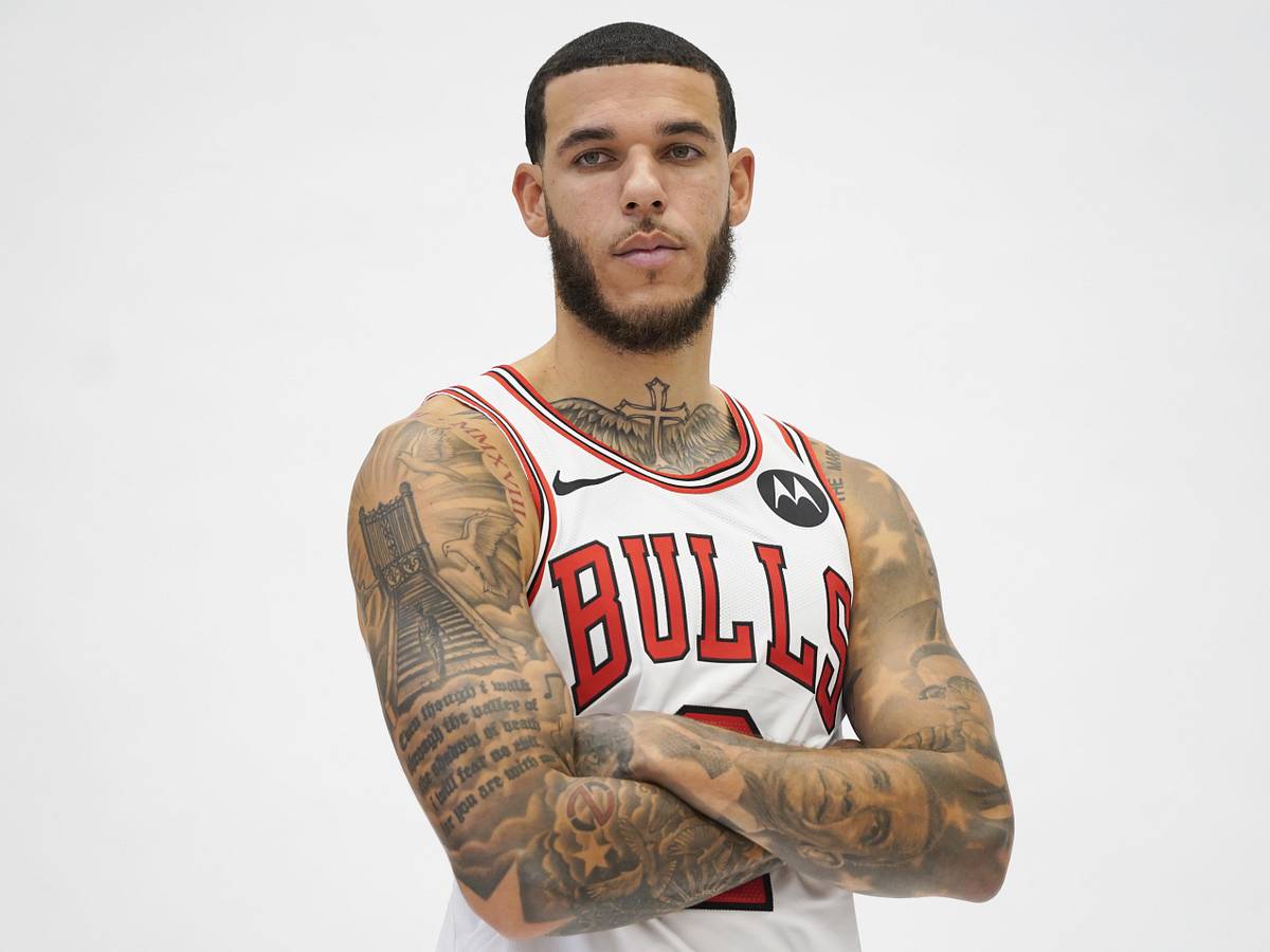 Lonzo Ball tattoos: full Bulls media-day view of his arm sleeve and chest ink